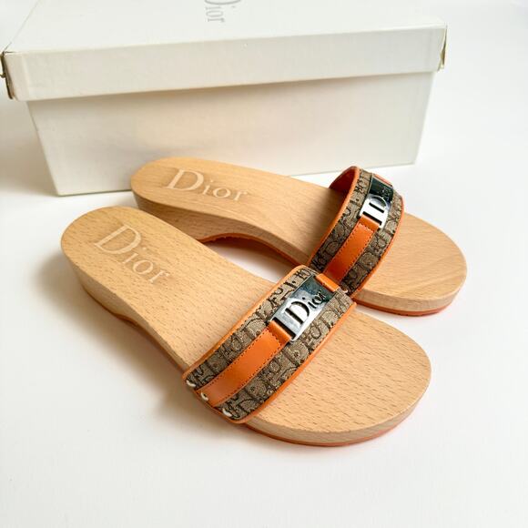 Christian Dior Y2K Slippers Size 36 Monogram Logo Canvas Wooden Insole Sandals - Picture 1 of 11